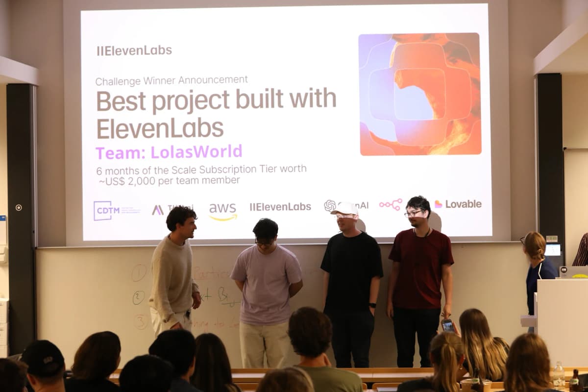 Best ElevenLabs Project at TUM.AI x OpenAI Hackathon — team LolasWorld on stage